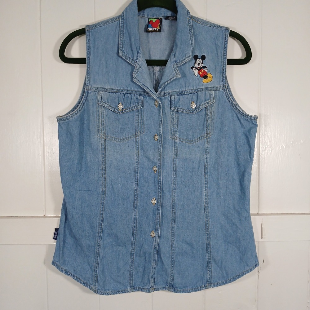 VTG‎ Mickey Unlimited Denim Vest Women Large Blue Embroidered Mickey Mouse 90s